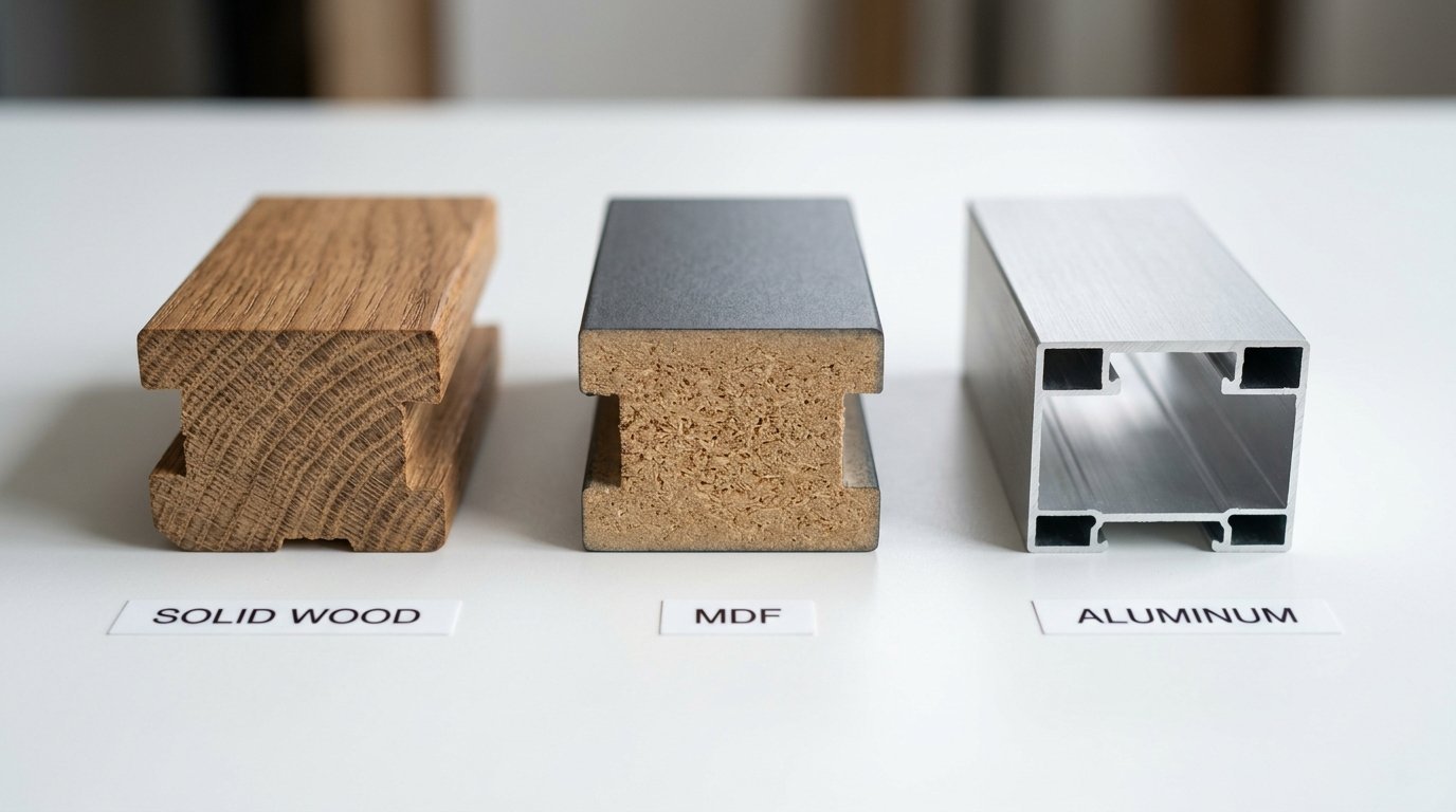 Three structural cross-sections showing wood grain, particle board, and a hollow metal extrusion.