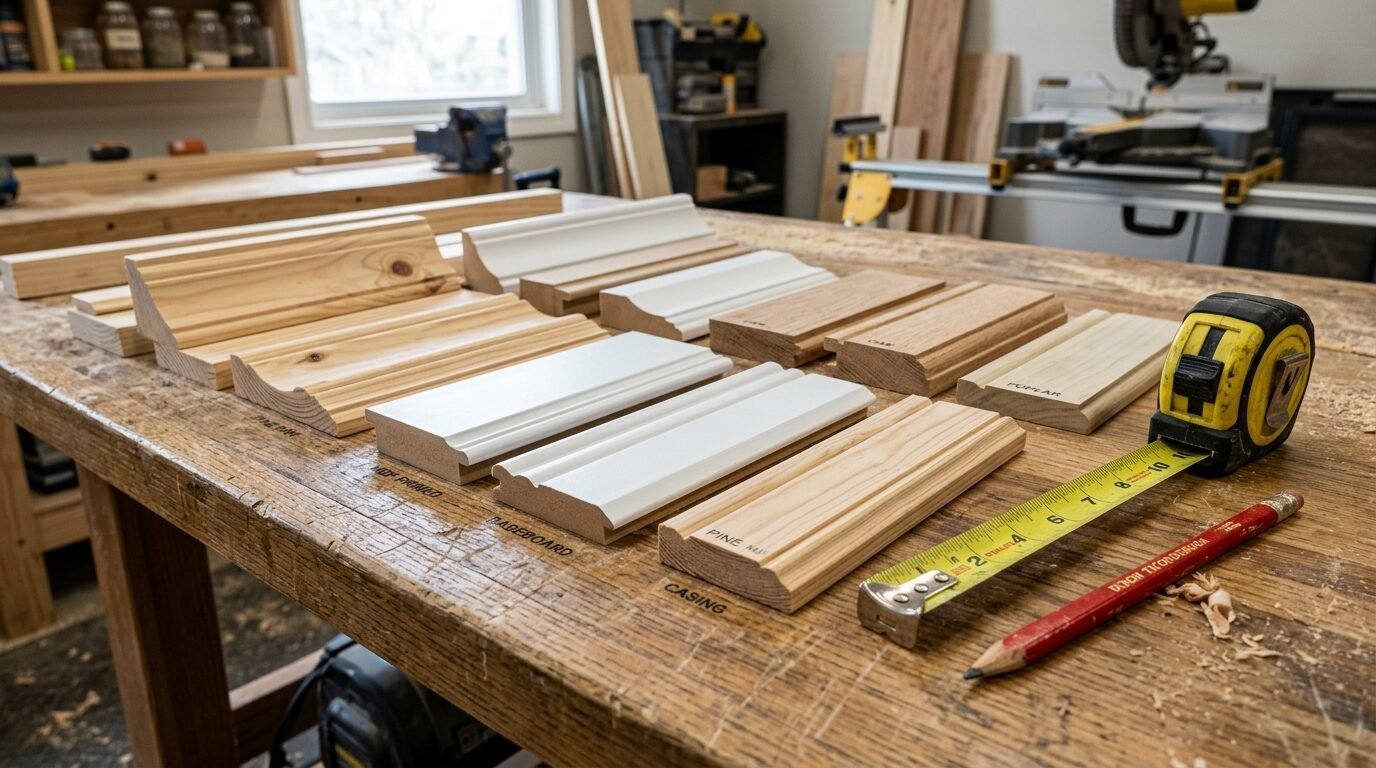 Selection of pine and MDF trim molding samples arranged on a wood workshop table with a tape measure and pencil.