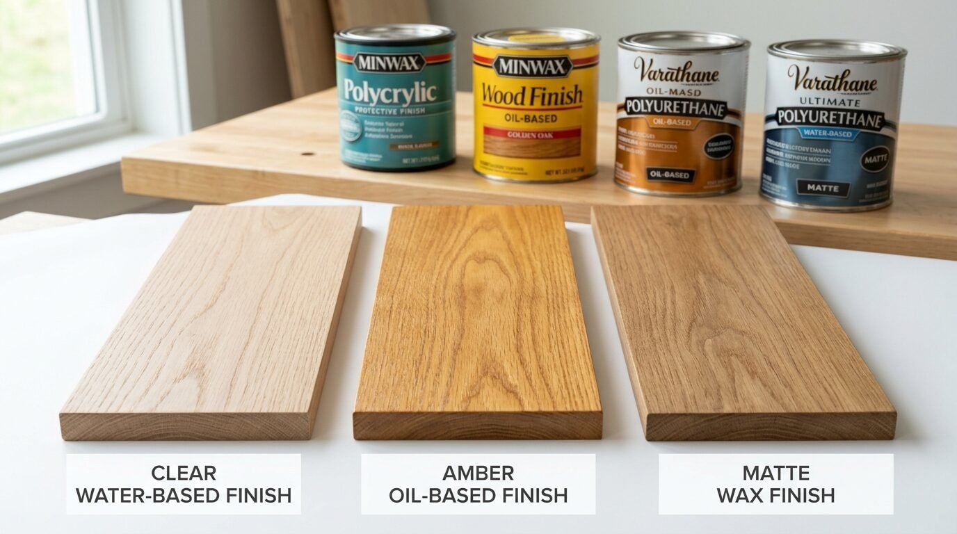 Wooden planks showing clear water-based, amber oil-based, and matte wax finishes with matching cans of stain behind.