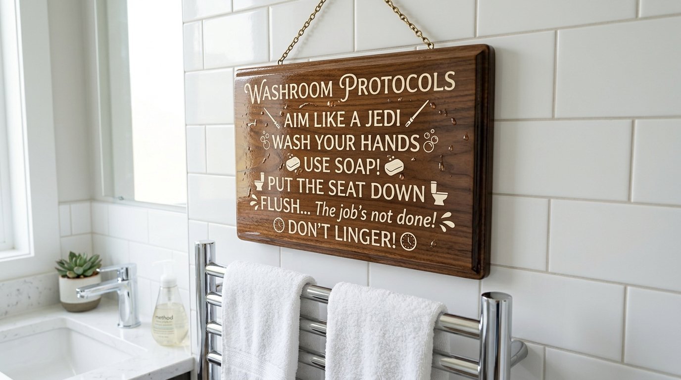A rustic wooden sign with Star Wars bathroom rules hanging above a chrome towel rack with white towels.