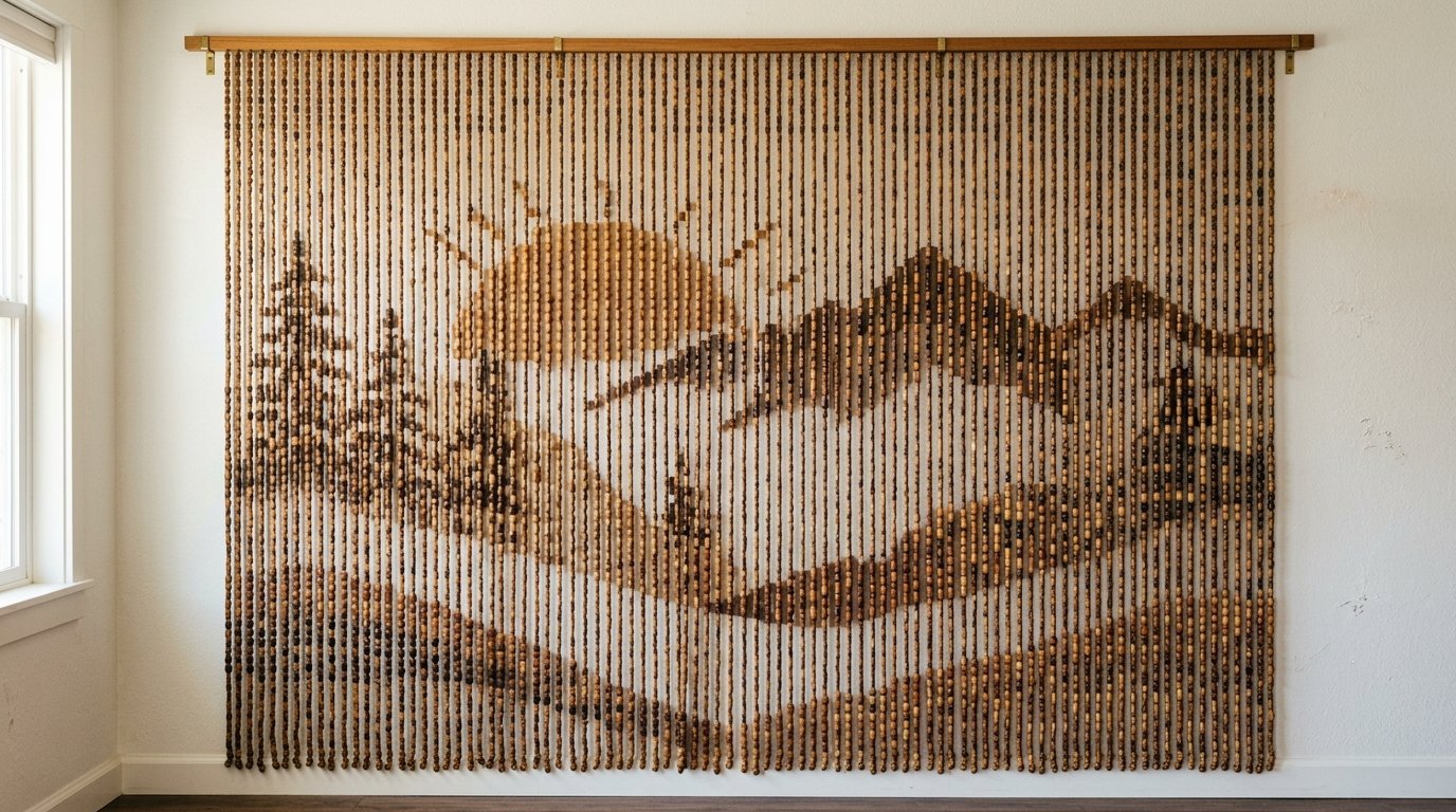 A rustic bead curtain depicting a sun over mountain peaks and pine trees mounted on a white wall.