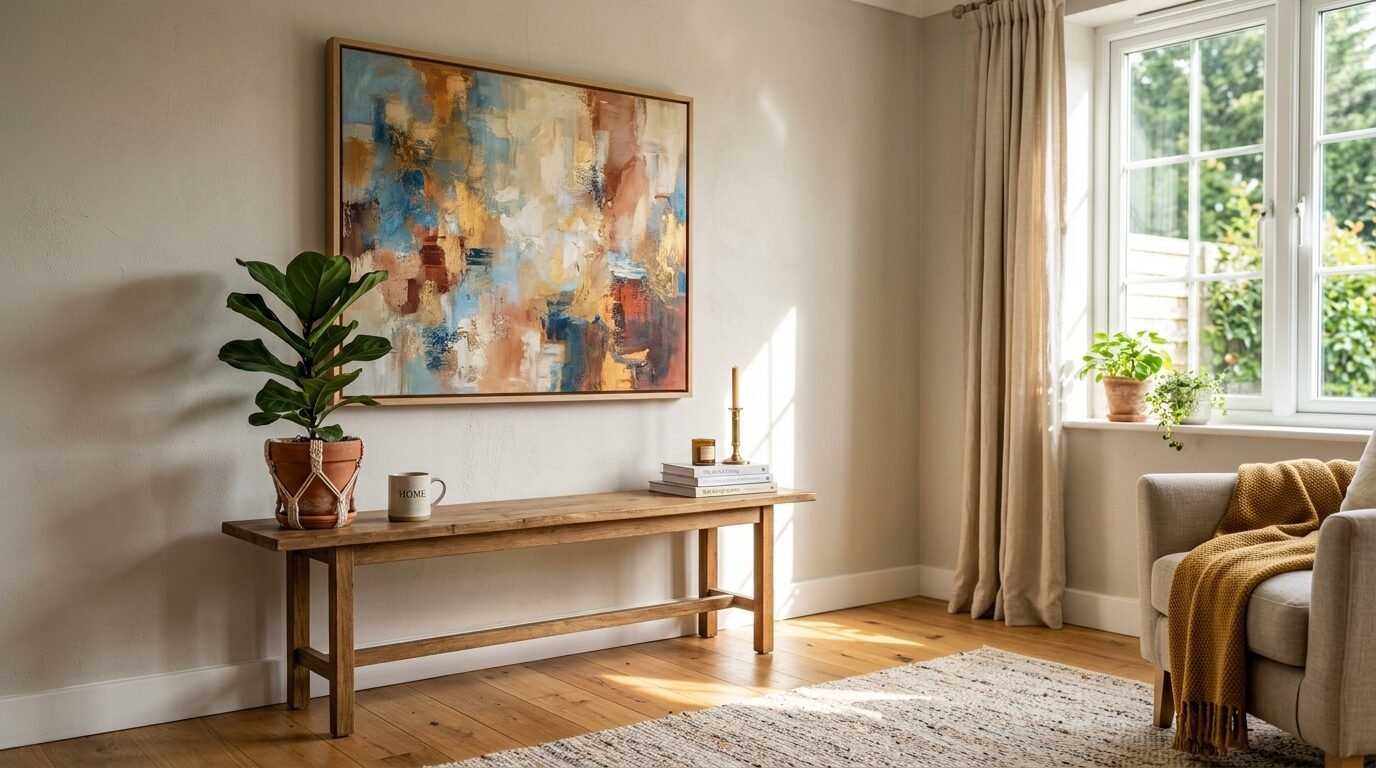 Wooden bench featuring a houseplant, coffee mug, and books under a framed abstract painting in a sunlit living room.