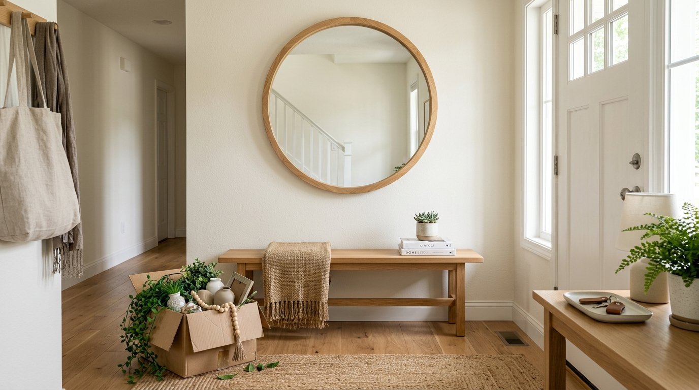 A beige wooden bench sits under a round wall mirror in a bright, modern entryway with a cardboard box of decor.