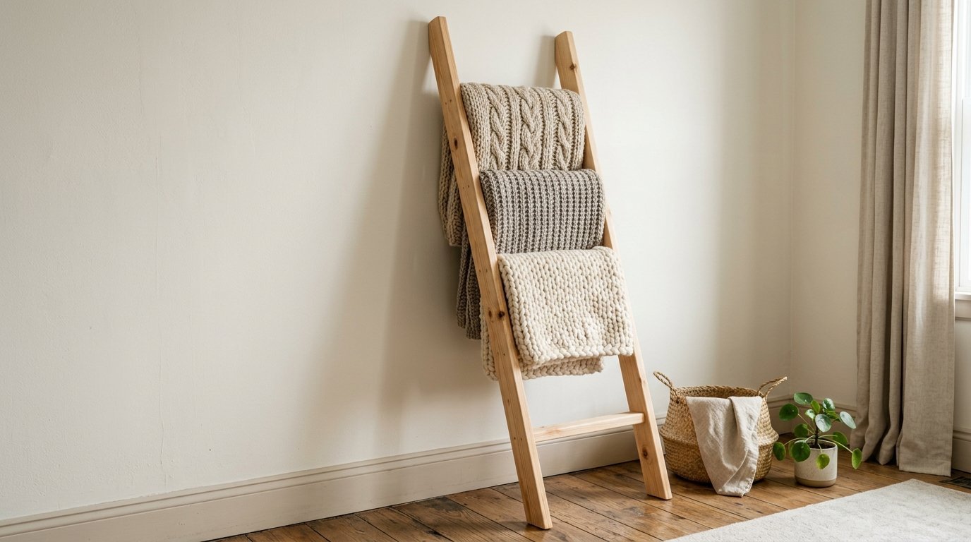 A natural wood blanket ladder leaning against a plain wall with folded chunky knit throws.