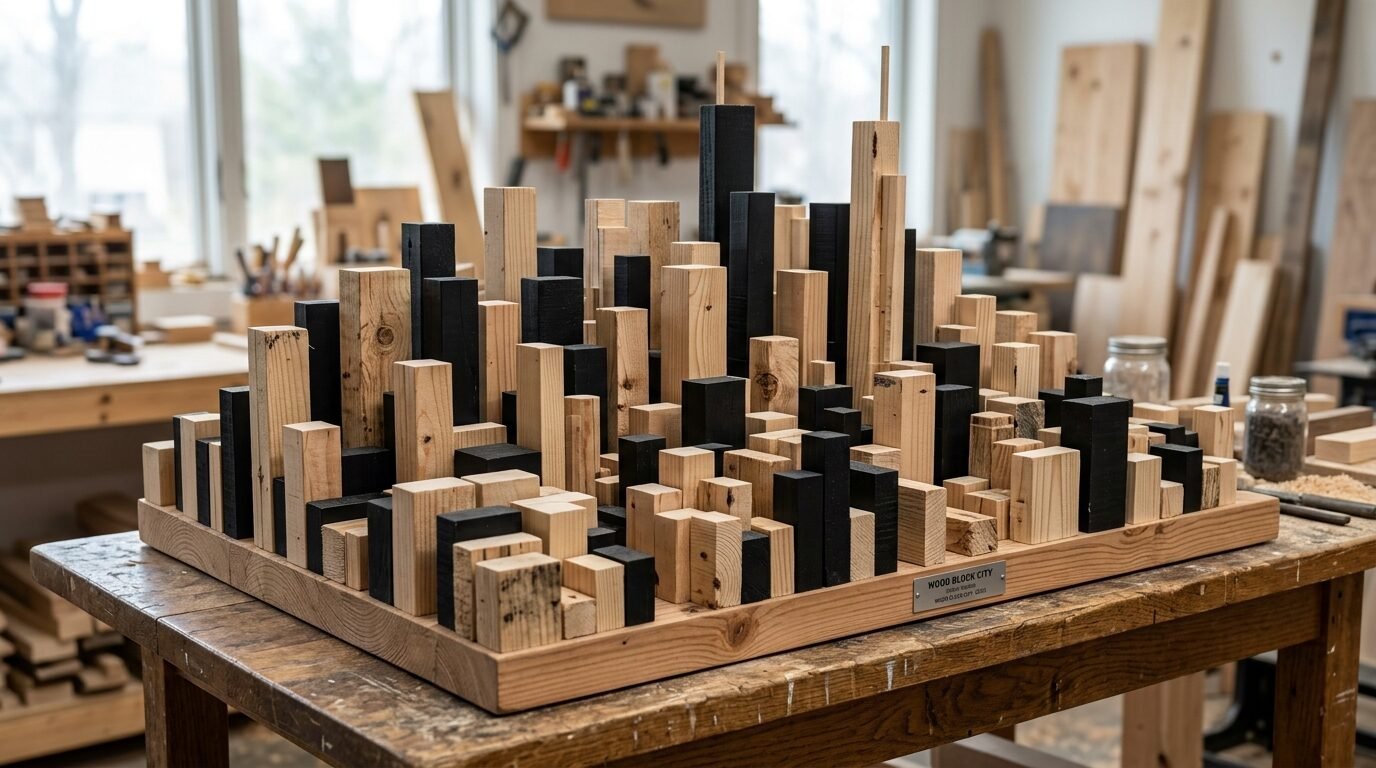 Model of a city made from natural and black painted square wooden blocks resting on a wood table.