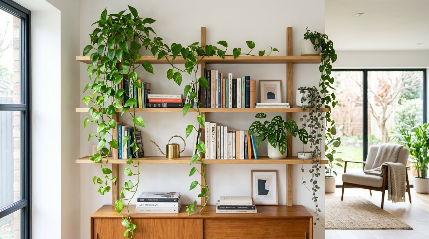 Wooden bookcase filled with books, small framed art, and trailing pothos plants in a modern living space.