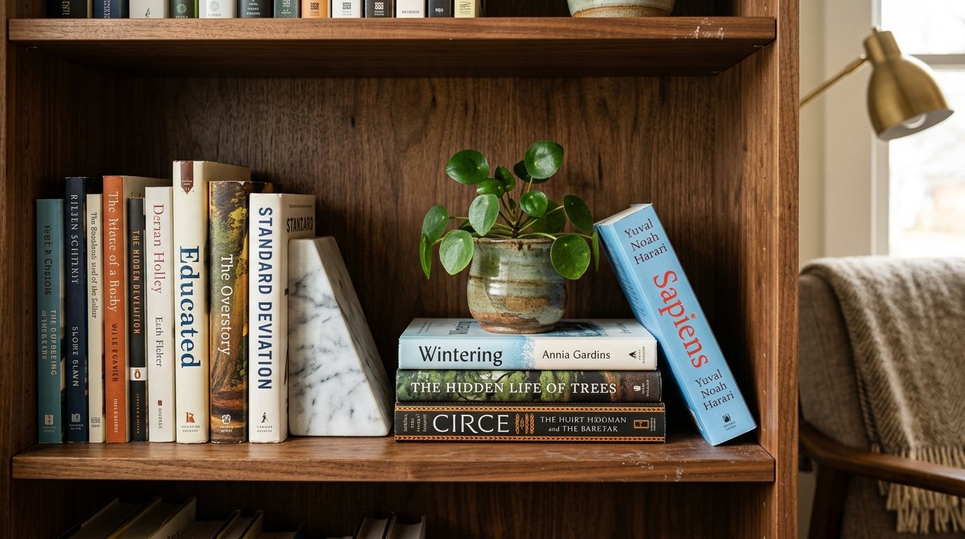 Wooden shelf holding a stack of books, a small Pilea plant in a ceramic pot, and a marble bookend.
