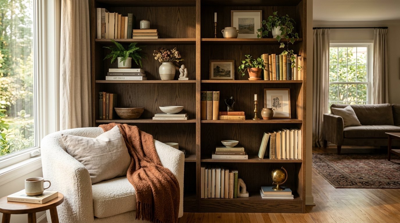Dark wooden bookcase filled with books, plants, and decor next to a textured white chair with a rust-colored throw.