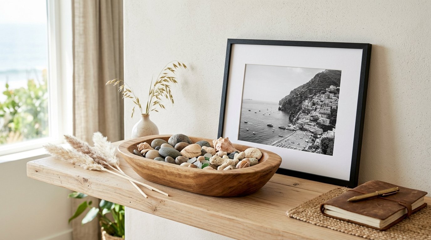 A rustic wood bowl with stones and shells sits next to a framed black and white photo on a light wood shelf.