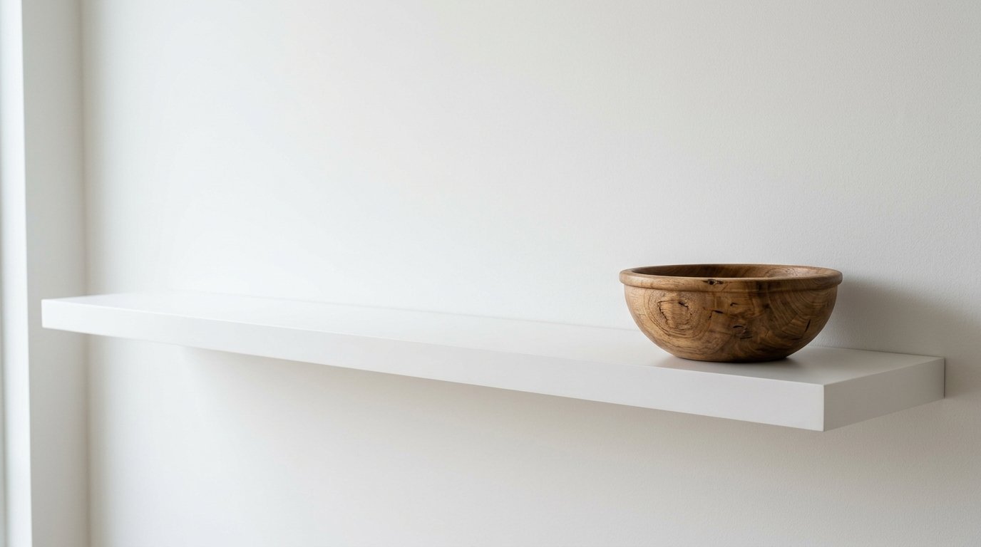 A decorative, natural wood bowl sits on a minimalist white floating shelf against a blank wall.