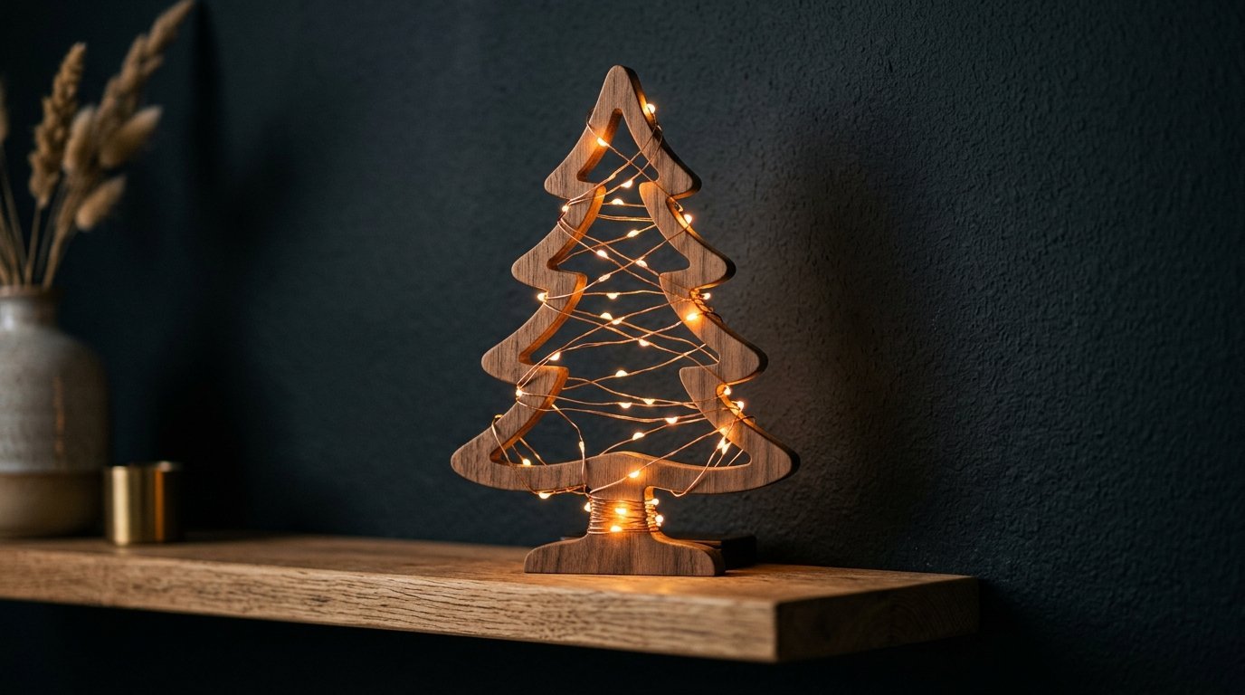 A decorative cutout wooden tree with warm LED lights wrapped around it on a wooden shelf against a dark wall.