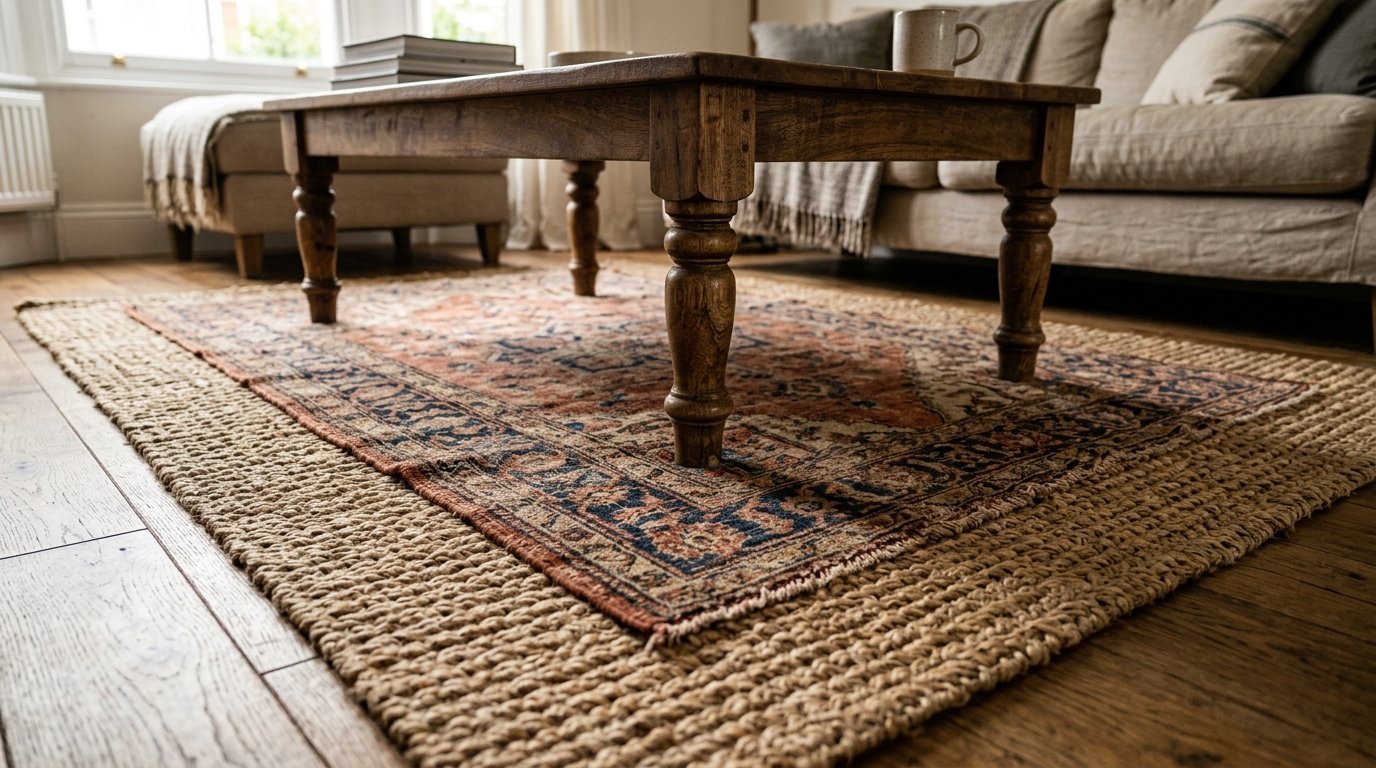 Close-up of a wooden coffee table legs resting on a vintage-style patterned rug layered over a natural woven jute rug.