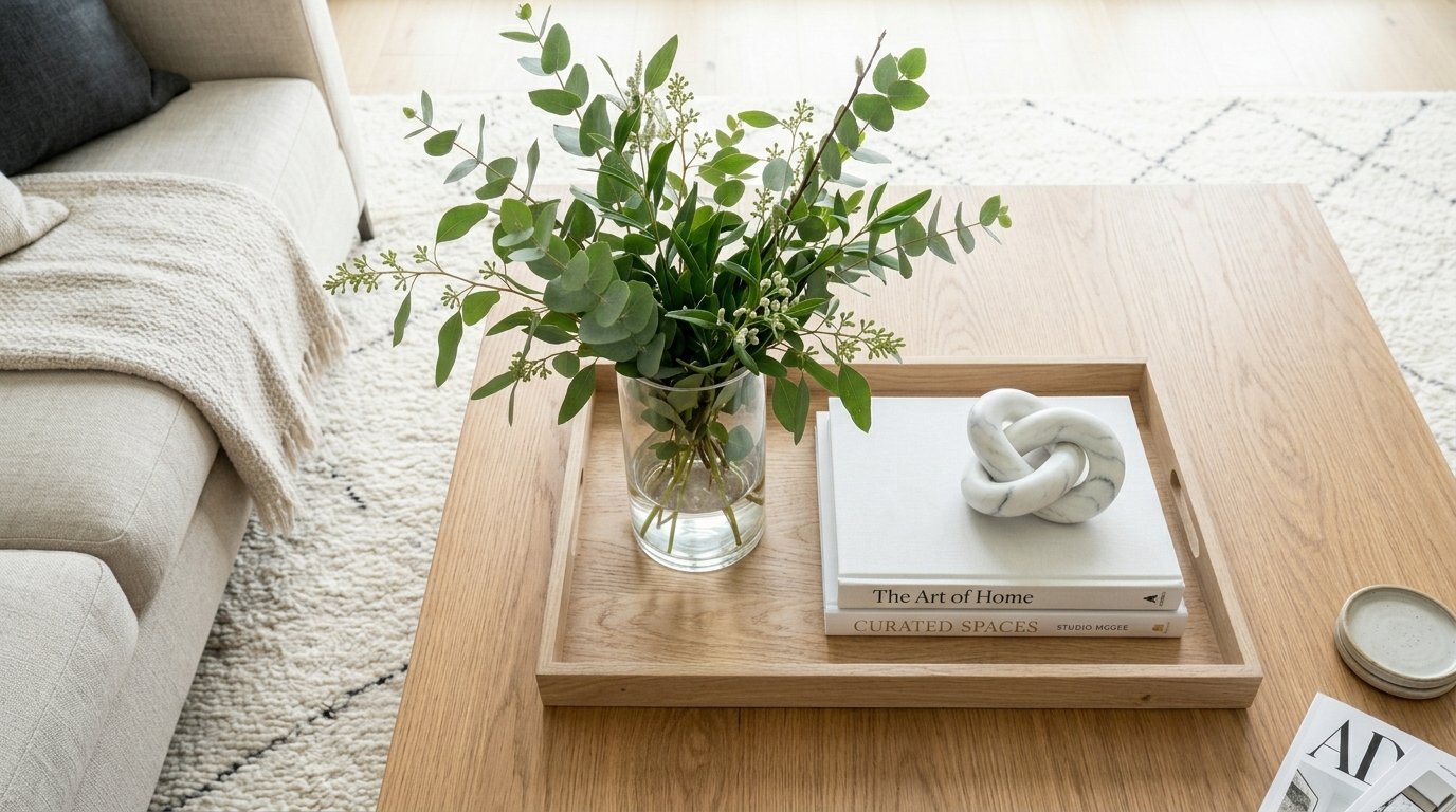 A wooden tray on a light oak coffee table with a clear vase of eucalyptus, two books, and a white marble knot sculpture.