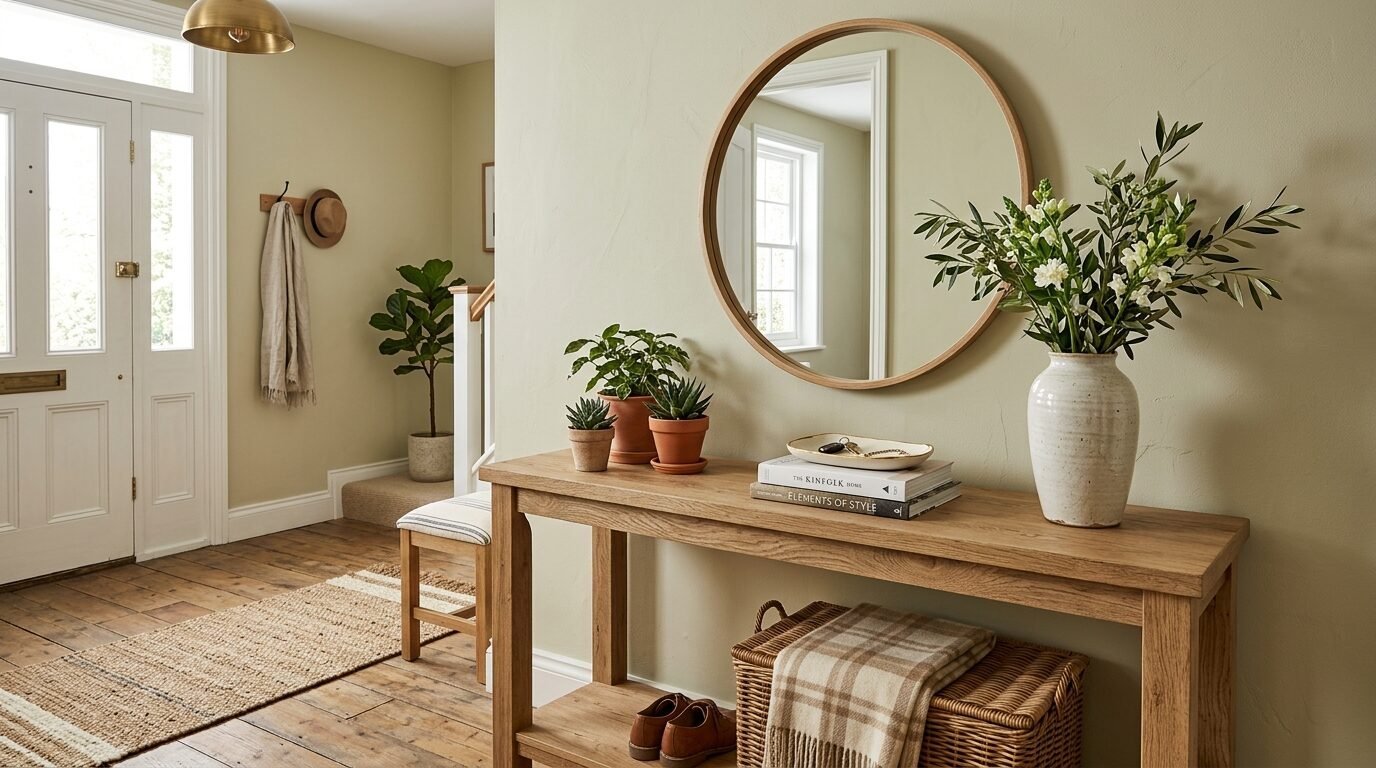 A rustic oak console table in a neutral hallway with a round mirror, potted succulents, and a wicker storage basket.