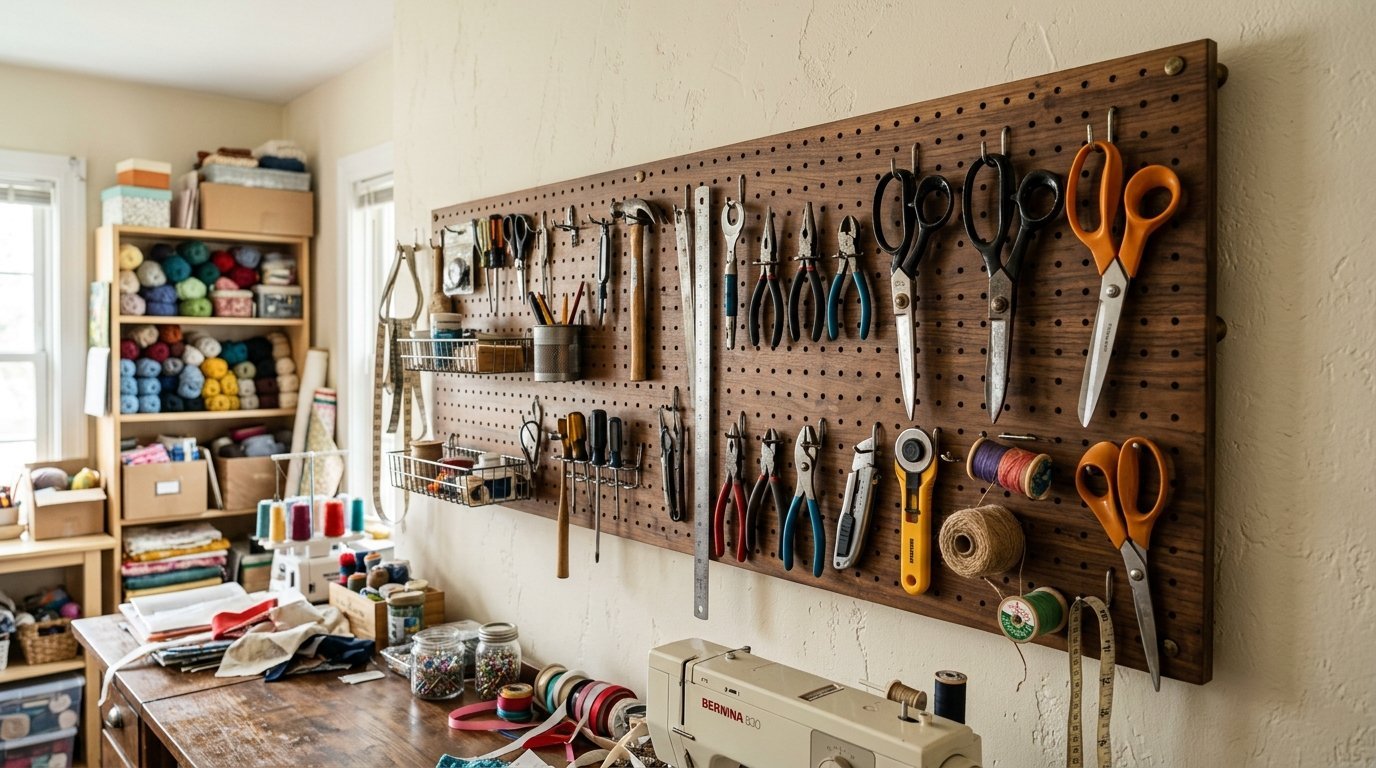 Wall-mounted walnut pegboard with scissors, pliers, and assorted sewing notions hung above a sewing machine.