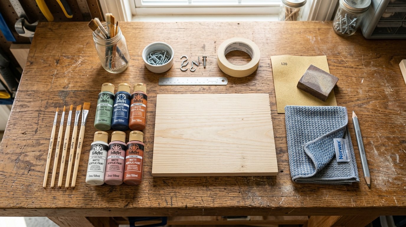 Wooden board surrounded by acrylic paints, paintbrushes, sandpaper, masking tape, and a grey cleaning cloth.