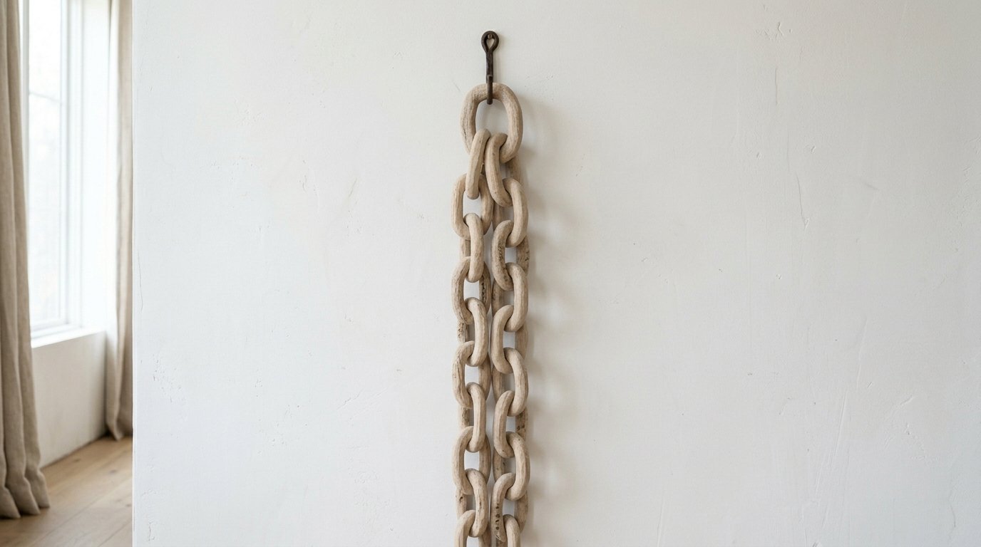 A vertical decorative chain made of carved light wood suspended from a small iron hook on a textured white surface.