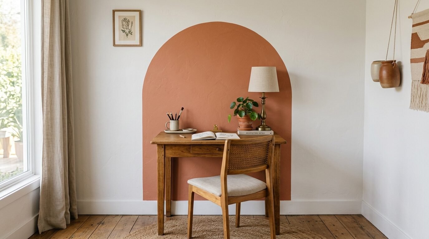 Wooden desk and cane chair placed against a wall painted with a large terracotta-colored arch accent.