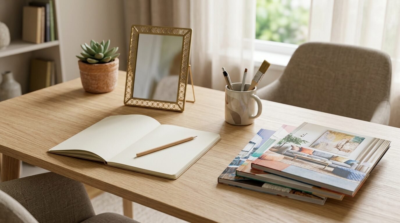 An open notebook and a small gold mirror sit on a light wood desk near a stack of interior design magazines.