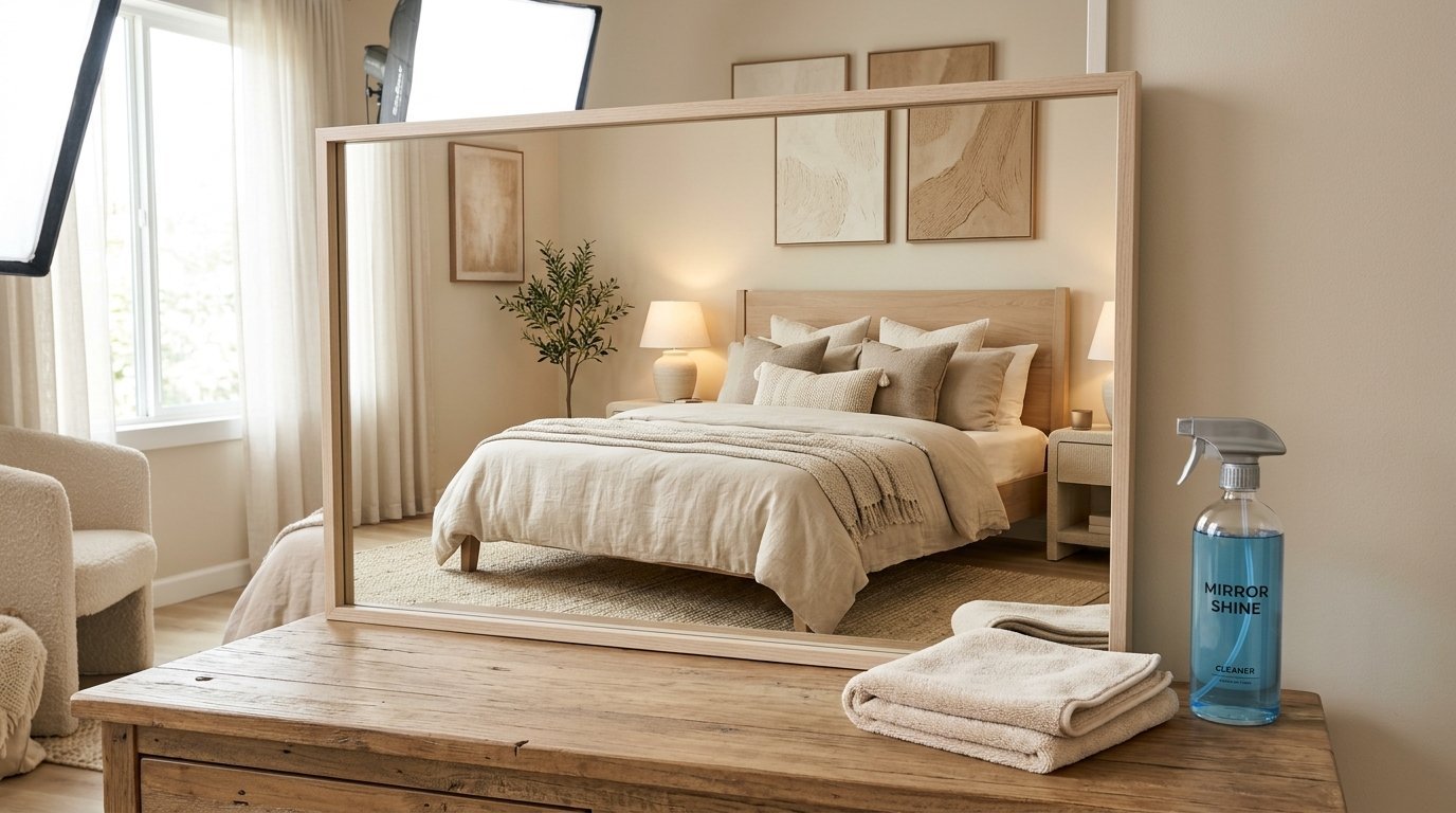 Spray bottle labeled Mirror Shine sitting on a rustic wood dresser with a folded cloth in front of a bedroom mirror.