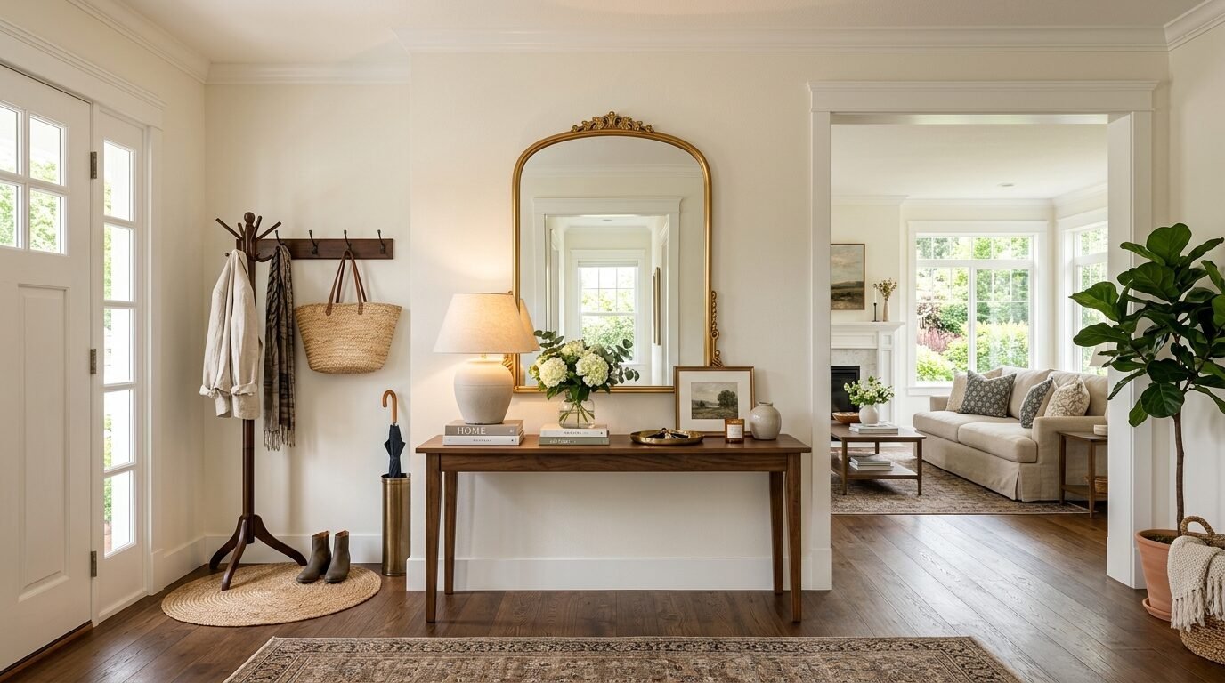 A console table in a bright entryway with a table lamp, flowers, and a gold mirror against a white wall.
