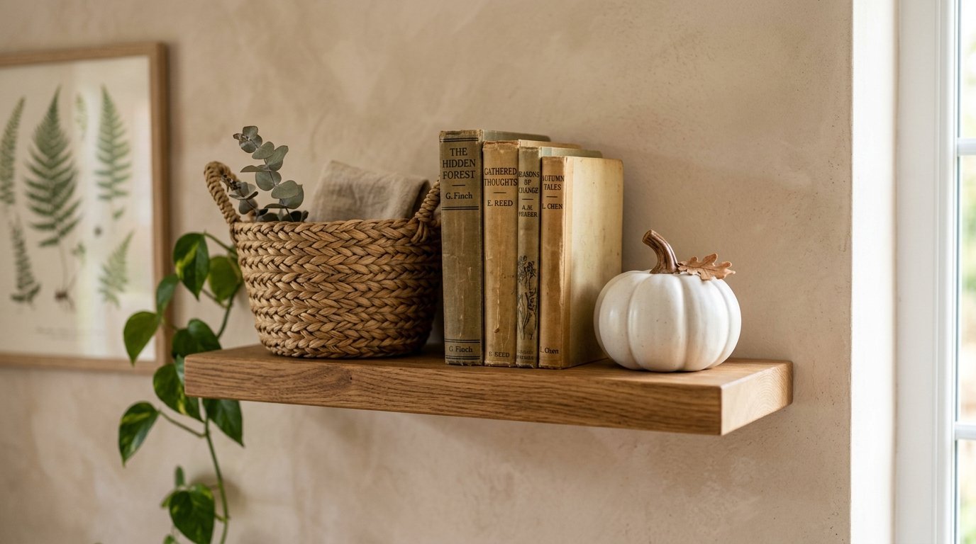 A small white pumpkin and vintage books rest on a floating oak shelf next to a wicker basket of greenery.