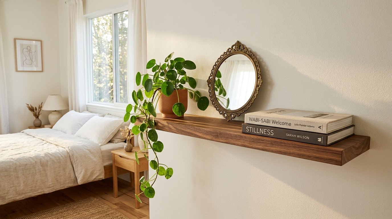 A live pilea plant and ornate mirror sitting on a wooden wall-mounted shelf next to a cozy bedroom.