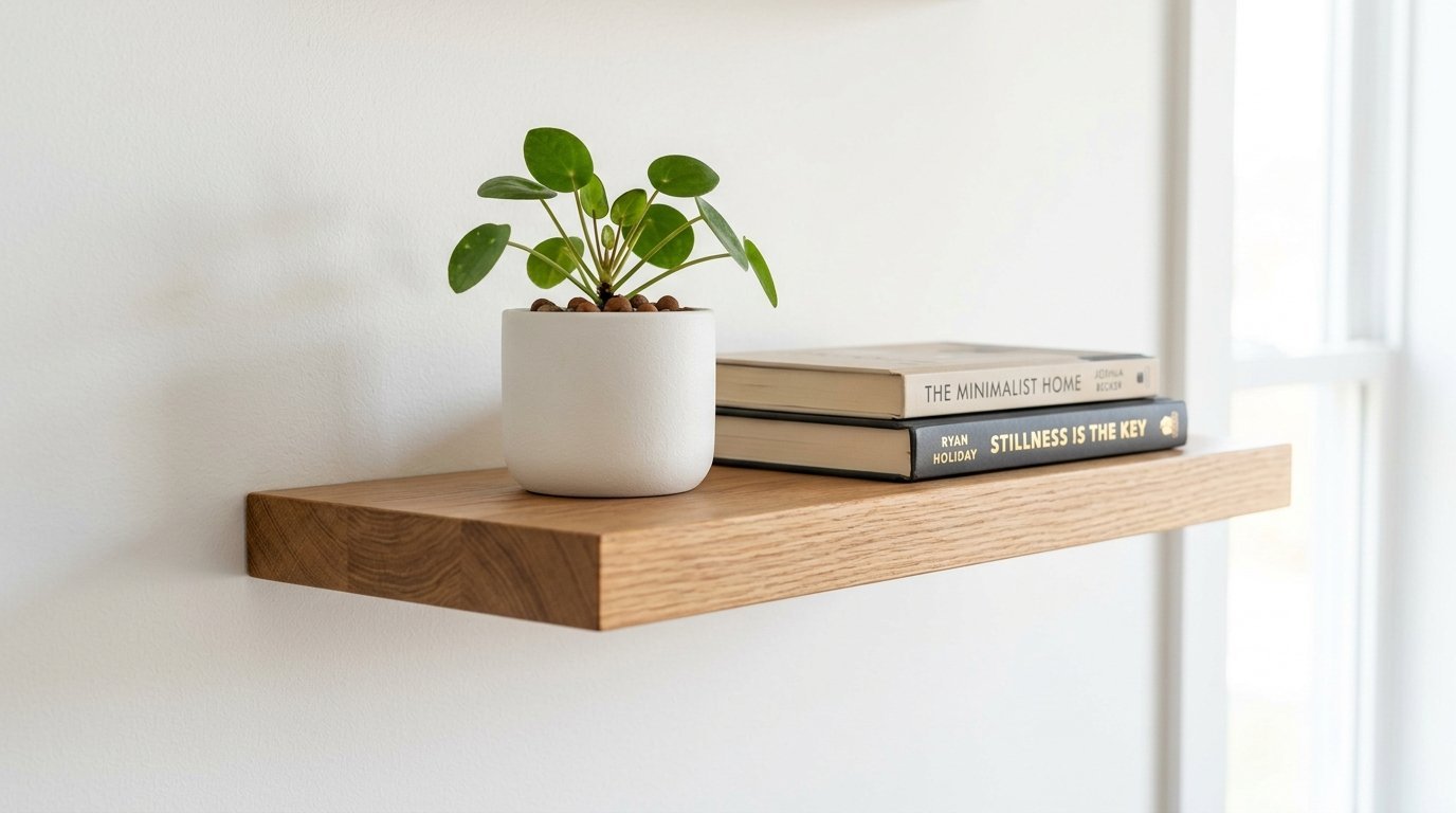 A small pilea plant in a white ceramic pot next to a stack of two books on a floating oak wall shelf.