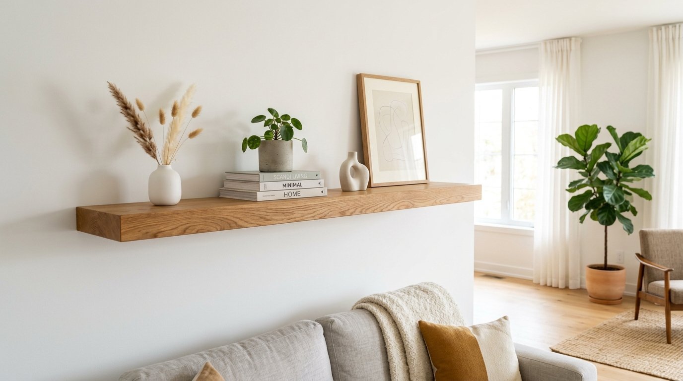 A light wood floating shelf displays books, dried grass in a vase, a small plant, and a framed line art print.