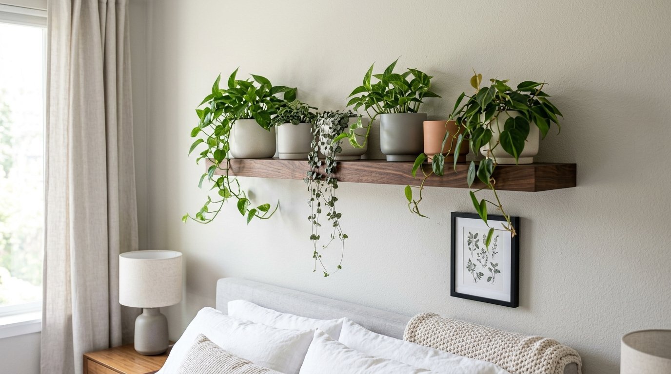 Potted greenery and trailing vines arranged on a dark wood wall shelf above a neutral bedroom headboard.