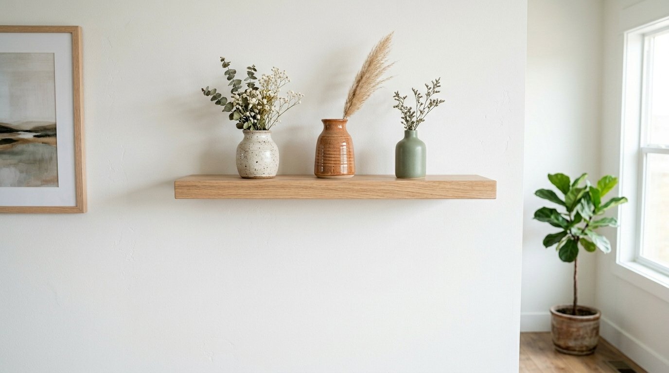 A trio of small ceramic vases holding dried flowers and pampas grass sit on a minimalist oak wall shelf.