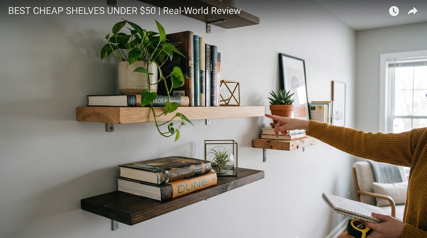 A person in a mustard sweater points to light wood shelving decorated with books and a trailing pothos plant.