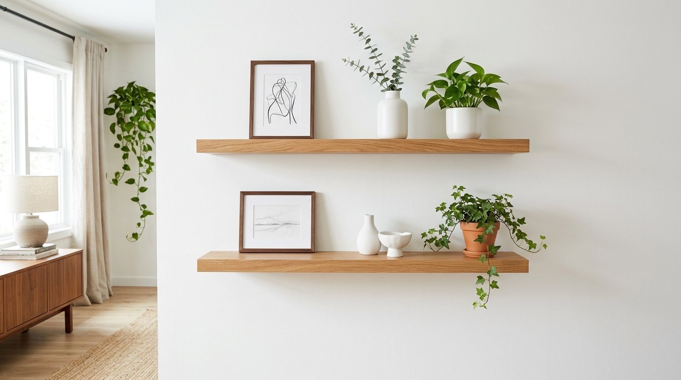 Two oak floating shelves mounted on a white wall, holding framed line art, ceramic vases, and trailing indoor plants.