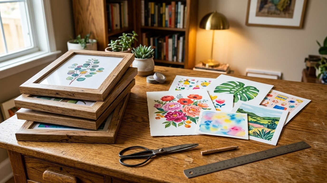 Wooden picture frames, colorful watercolor paintings, scissors, and a ruler on a wood desk in an office.