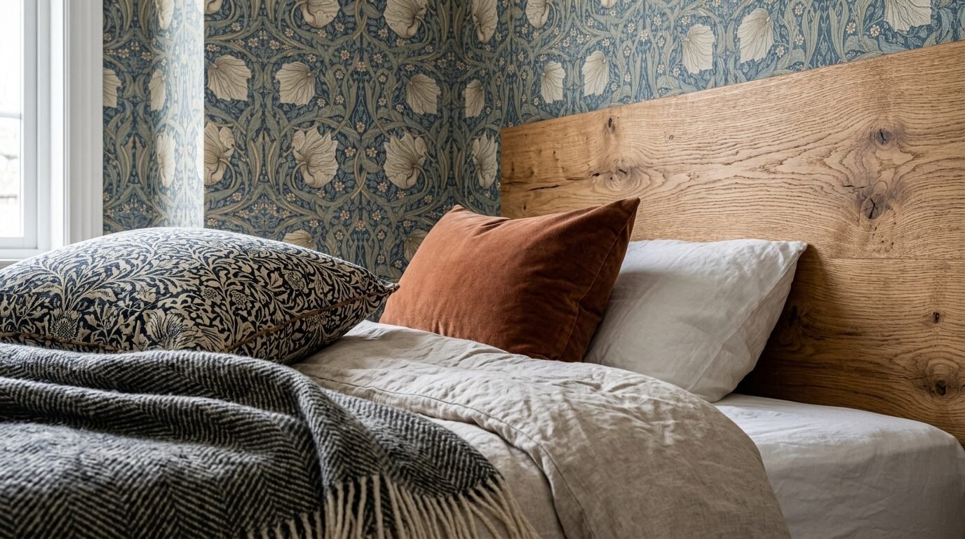 Close up of a bed with a wooden headboard, velvet rust pillow, and patterned floral wallpaper.