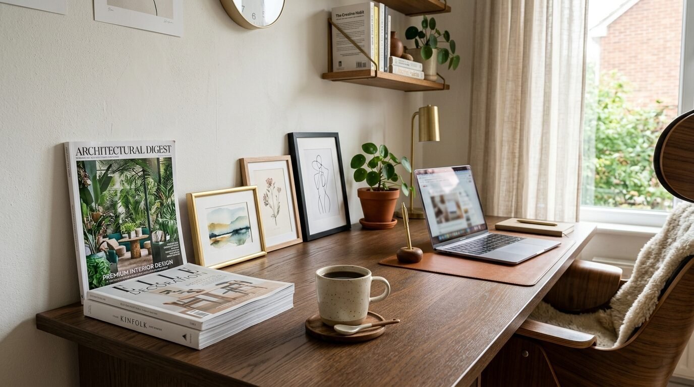 A tidy home workspace featuring a laptop, coffee mug, and framed art pieces on a dark wood desk.