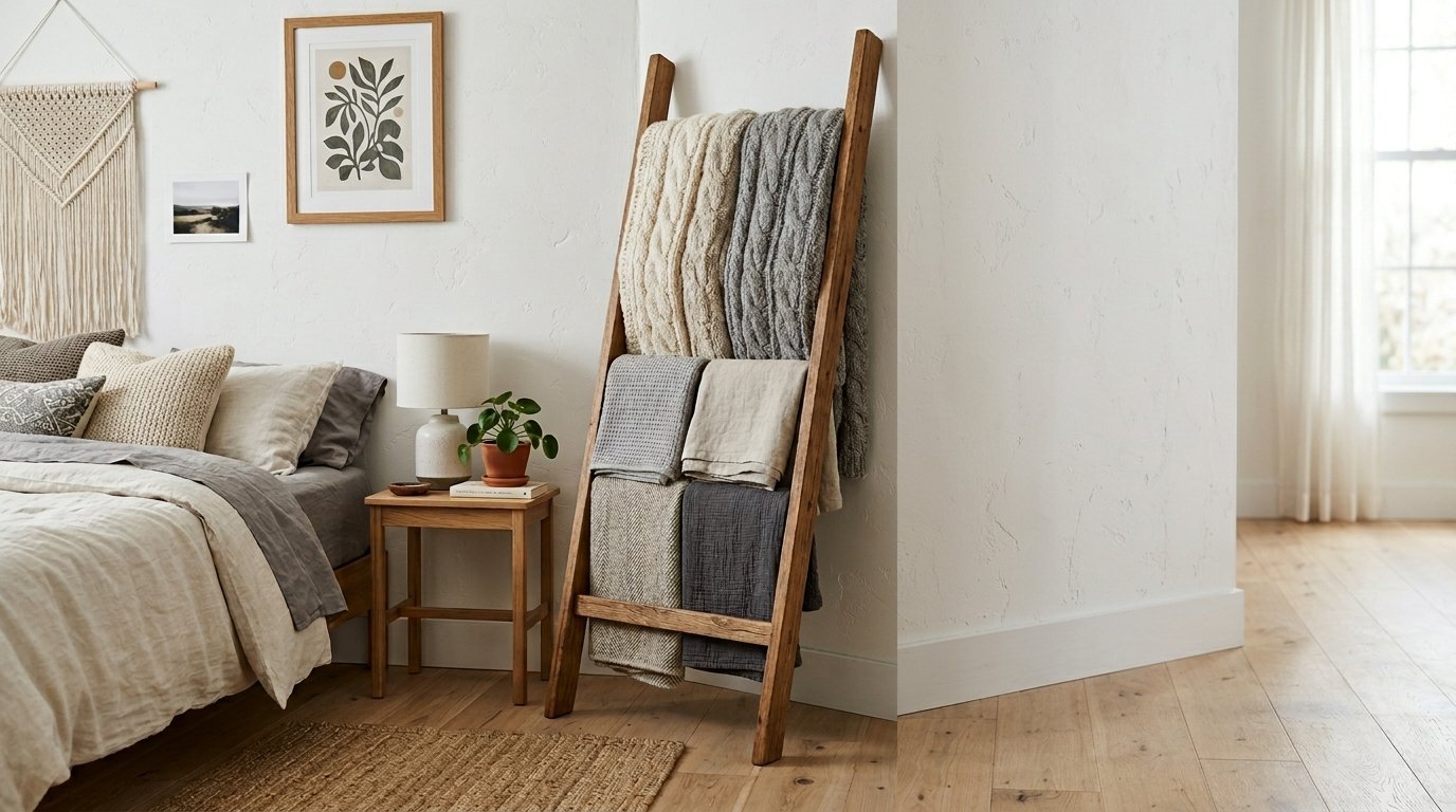 A rustic wood ladder leaning against a wall displaying folded knitted, waffle, and linen throws in a bedroom.