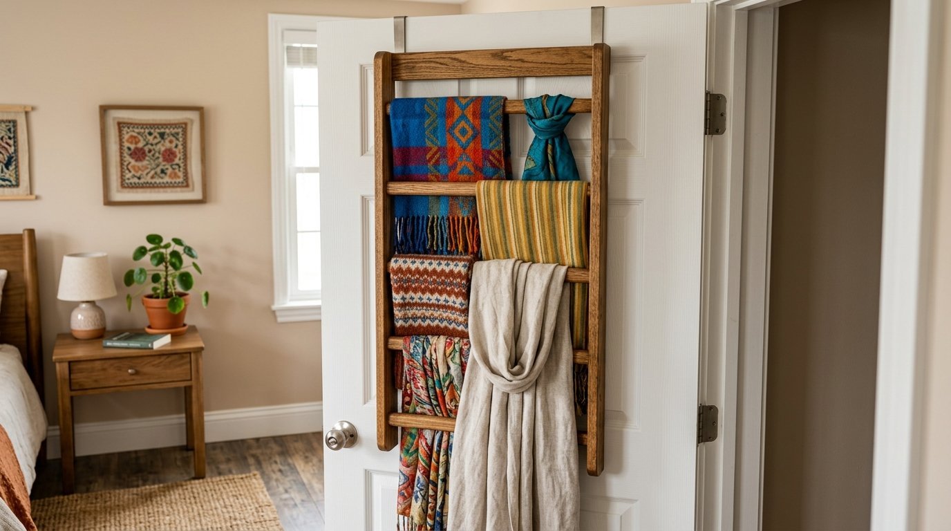 Decorative wooden ladder hanging on a white door displays an assortment of folded blankets and scarves.