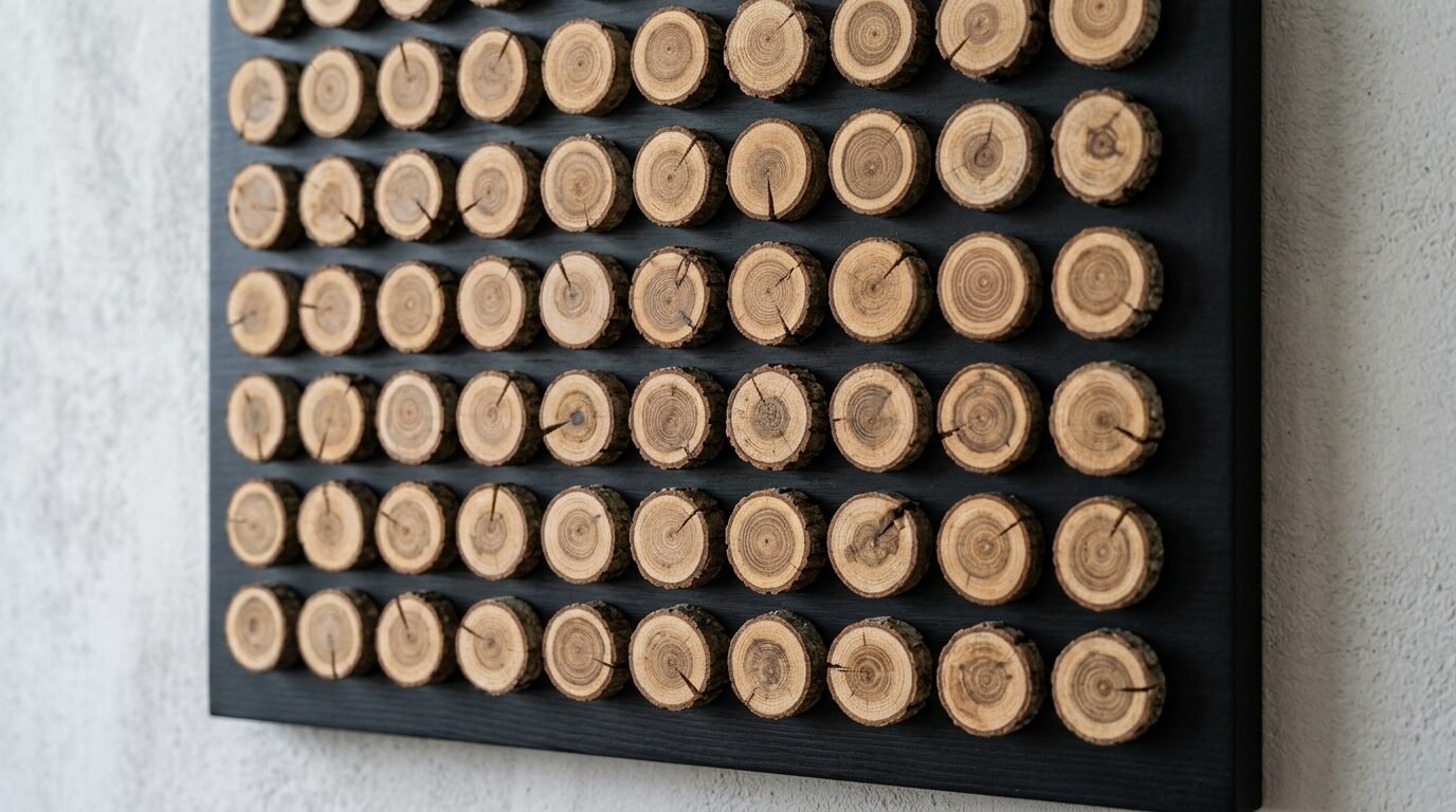 Close up of a wall art piece featuring many small circular tree branch slices arranged in a precise pattern.