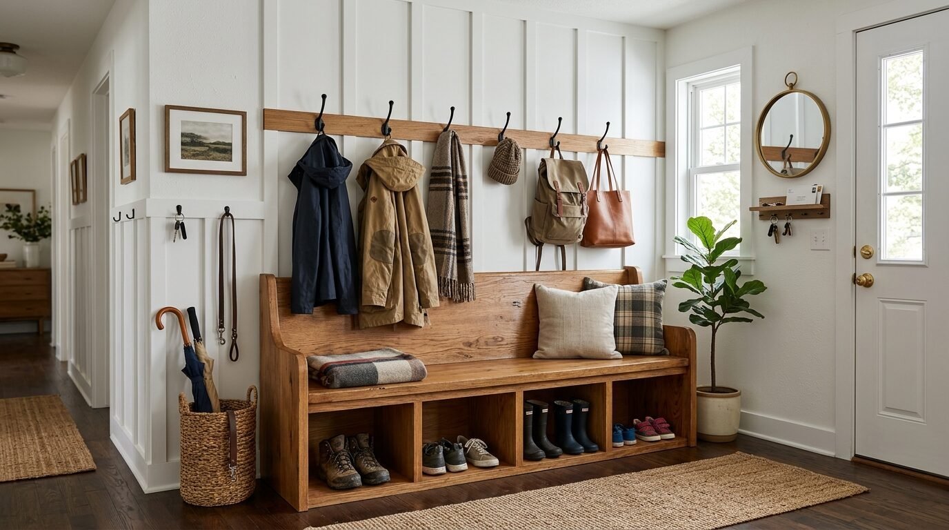A hallway mudroom featuring a wood bench with storage cubbies, wall hooks for jackets, and a woven umbrella basket.