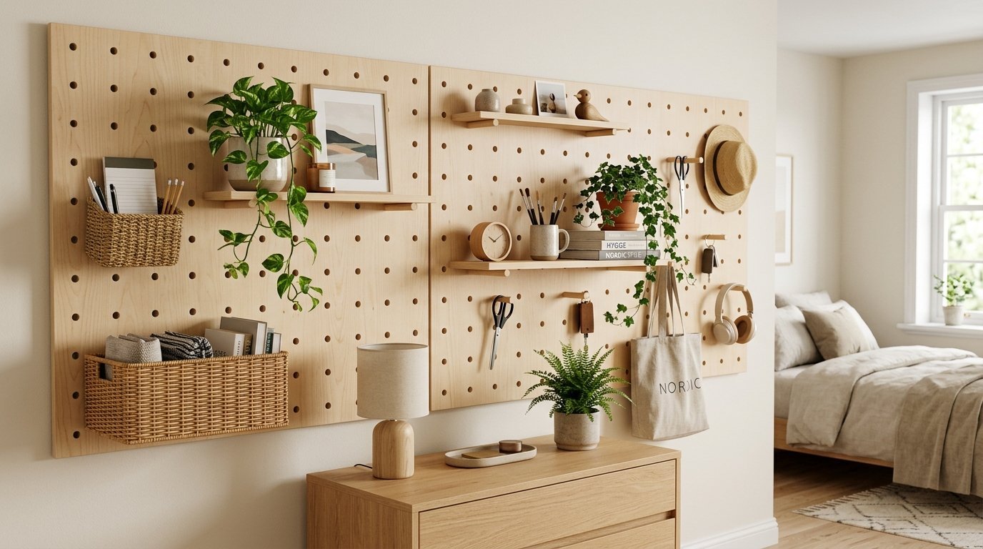 Large light wood pegboard on a bedroom wall filled with plants, books, baskets, and decorative accessories.