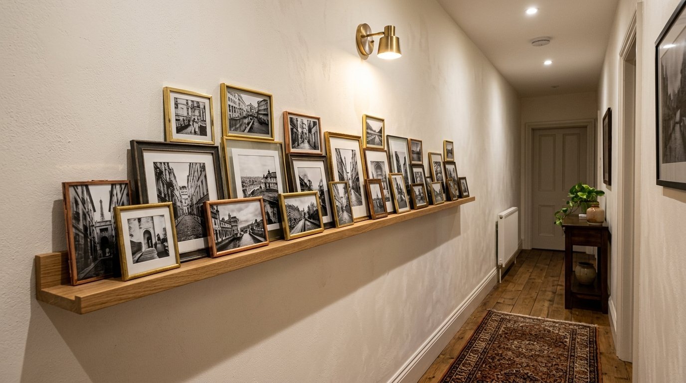 Wooden floating shelf holding a collection of assorted black and white landscape prints in gold frames.