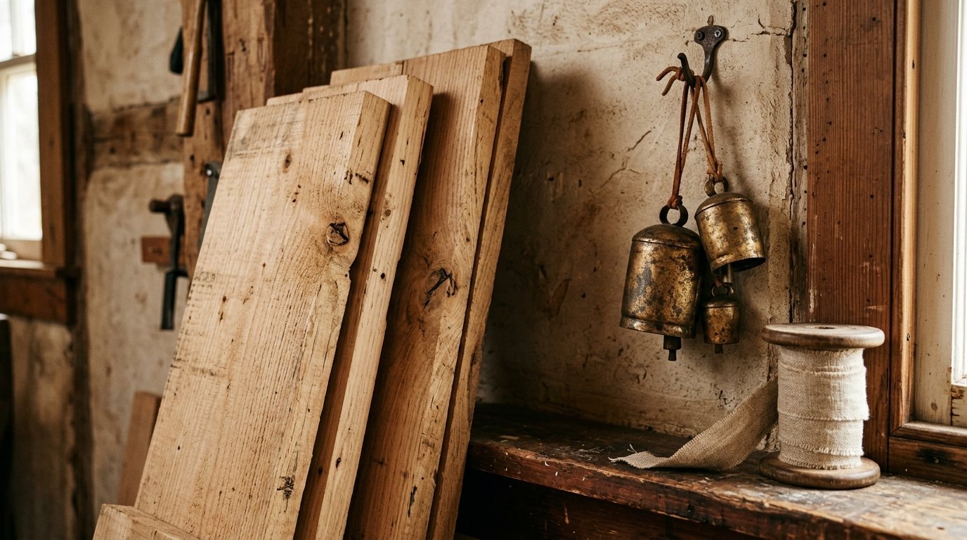 Stacked raw wood planks next to a spool of linen thread and antique brass bells hanging on a stone wall.