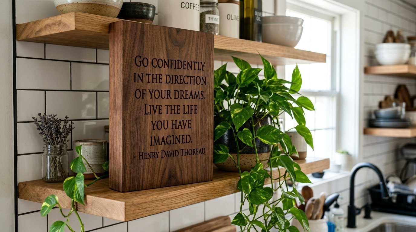 Engraved wooden board with Thoreau quote beside a trailing green pothos plant on open wood shelving.