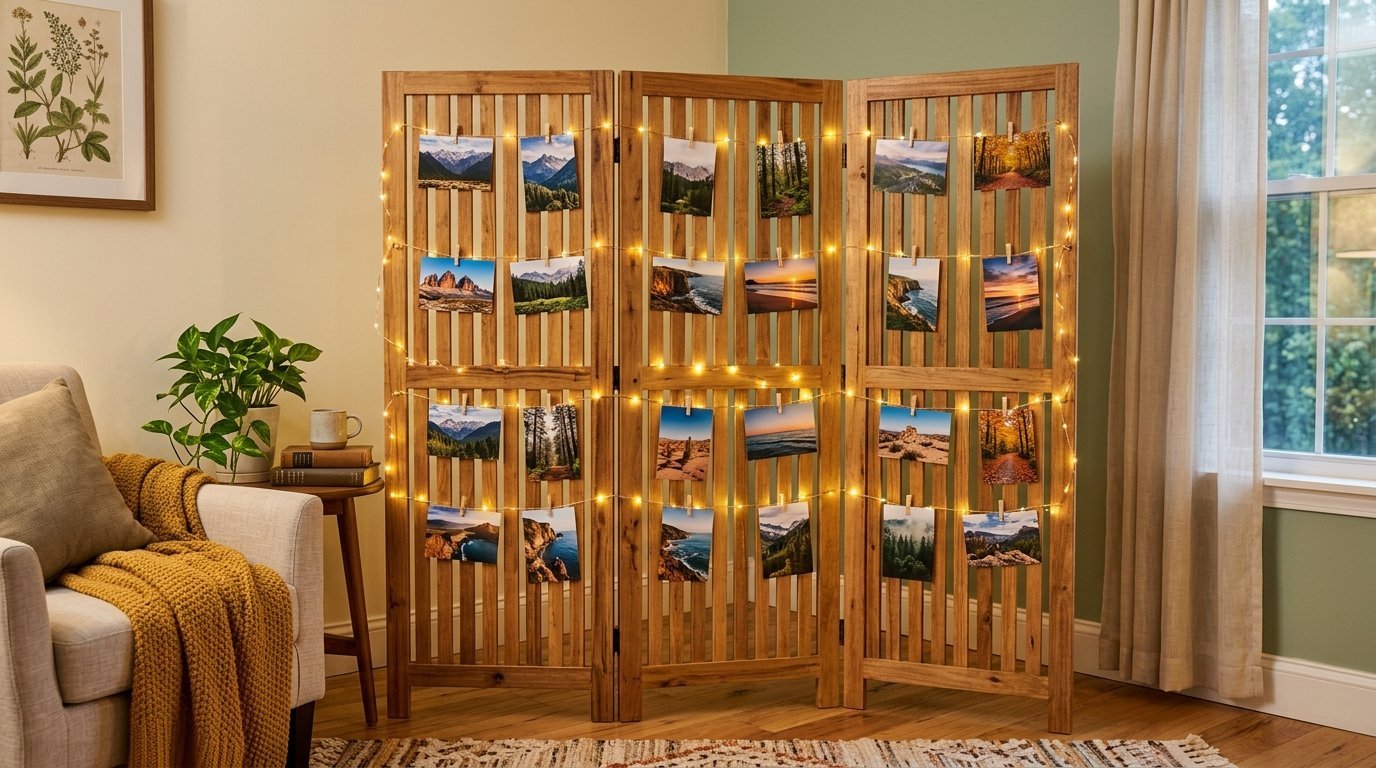 A wooden slat room divider featuring fairy lights and hanging landscape photographs in a cozy living room.