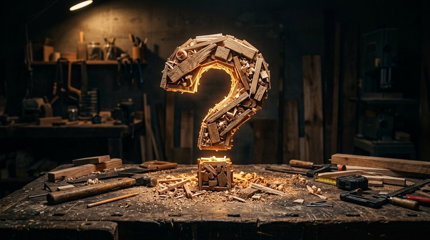 An illuminated question mark shape made of wood offcuts sitting on a cluttered workbench in a dimly lit carpentry shop.