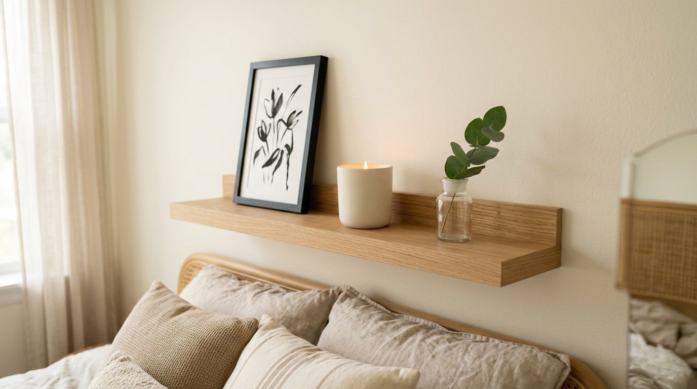 A floating oak shelf above a bed featuring a framed floral sketch, a lit candle, and a single stem in a glass vase.