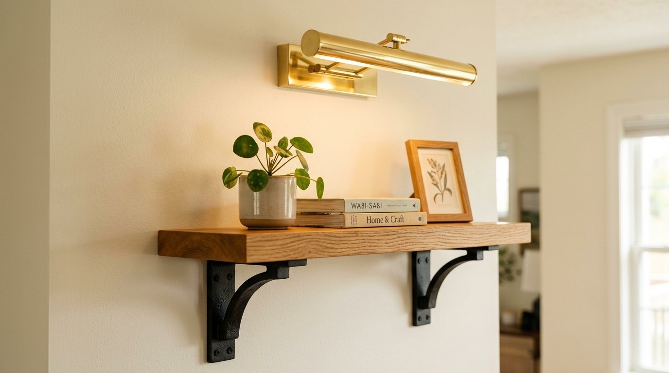 A rustic wood shelf on black brackets holds a potted pilea plant, books, and a framed botanical sketch.