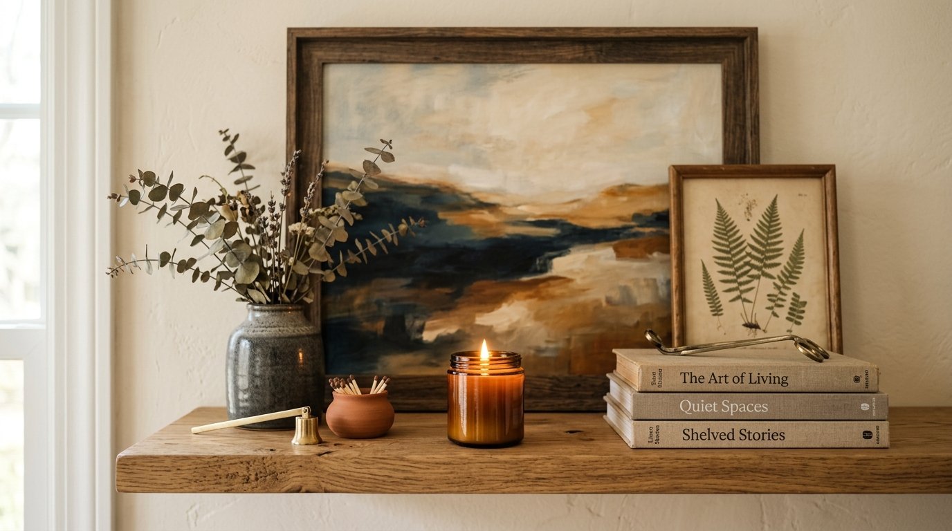 A lit amber candle sits on a wooden shelf next to a stack of books, dried eucalyptus, and framed landscape artwork.