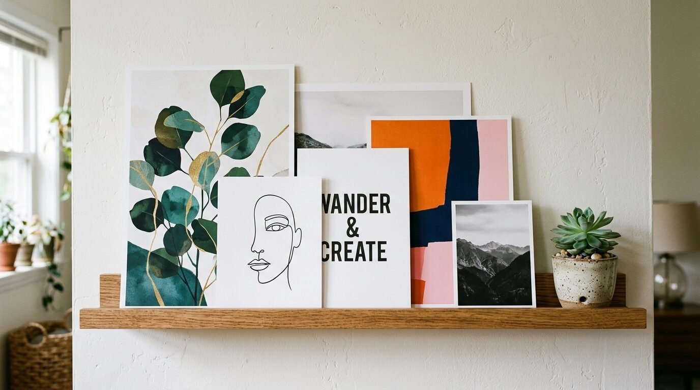 A wooden ledge displaying framed art prints featuring plants, abstract shapes, a line-art face, and mountain photography.